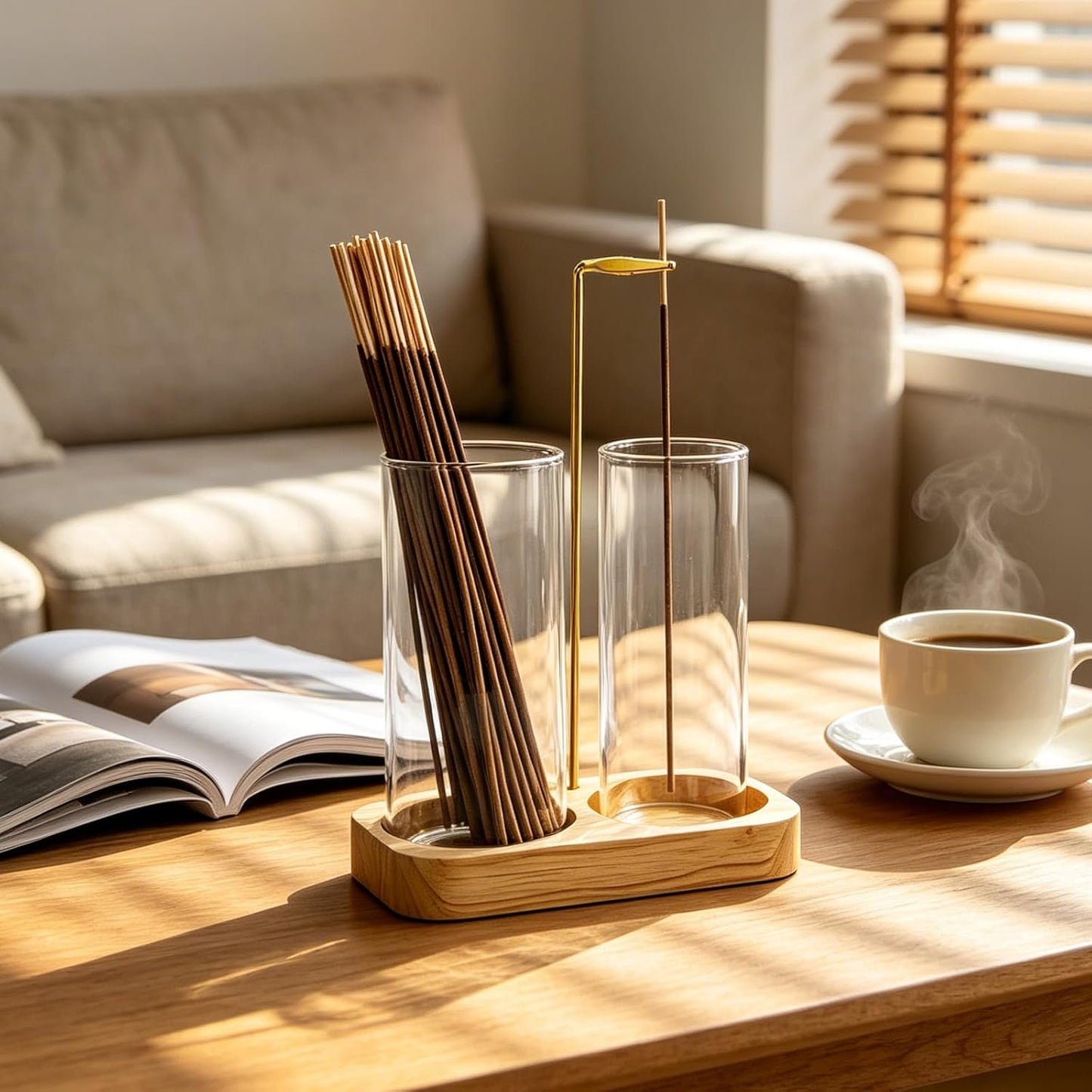 Incense Holder,Wooden Incense Holder for Sticks with 20 Incense Sticks, Anti-ash Incense Burner with Glass Ash Catcher for Meditation Yoga Spa Gift Home Decor