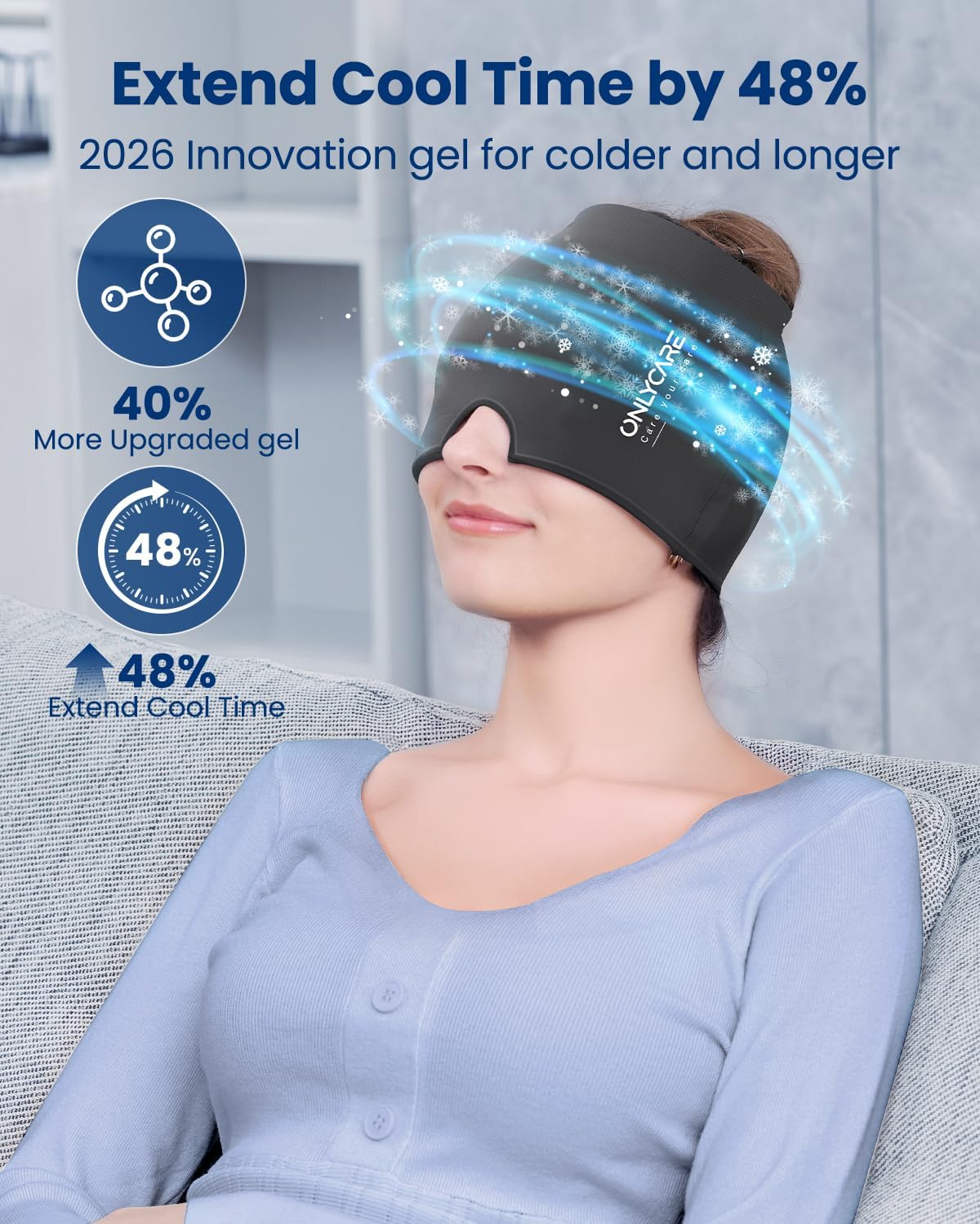 ONLYCARE Migraine Relief Cap, Upgraded Headache Relief Cap with Odorless Reusable Gel Head Wrap, Soothing Face Ice Pack Mask Products with Hot & Cold Therapy for Tension, Stress, Hangover & Puffy Eyes