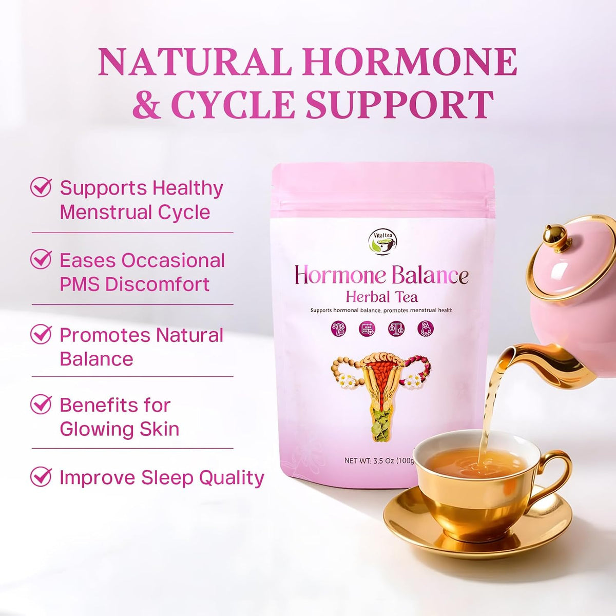 Vital Tea Hormone Balance Tea for Women, Natural Red Raspberry Leaf & Goji Berries Herbal Tea for Women Wellness, Cycle Support- Loose Leaf Tea