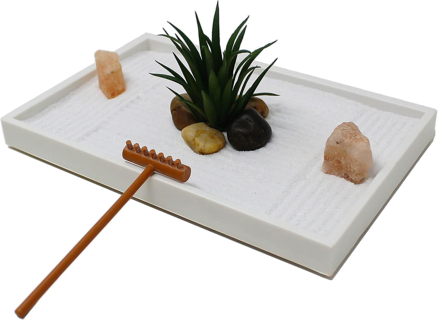 Nature's Mark Mini Zen Garden Kit for Desk with White Sand, Rake, White Base, Salt Rock and Air Plant (Round)