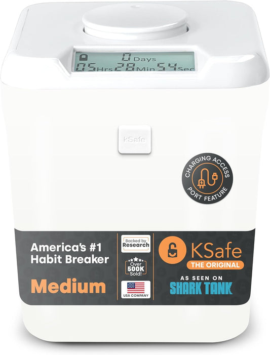 ﻿﻿﻿K-Safe Time Locking Container (Medium), Timed Lock Box for Cell Phones, Snacks, and Other Unwanted Temptations (White Lid + White Base, with Access Port)
