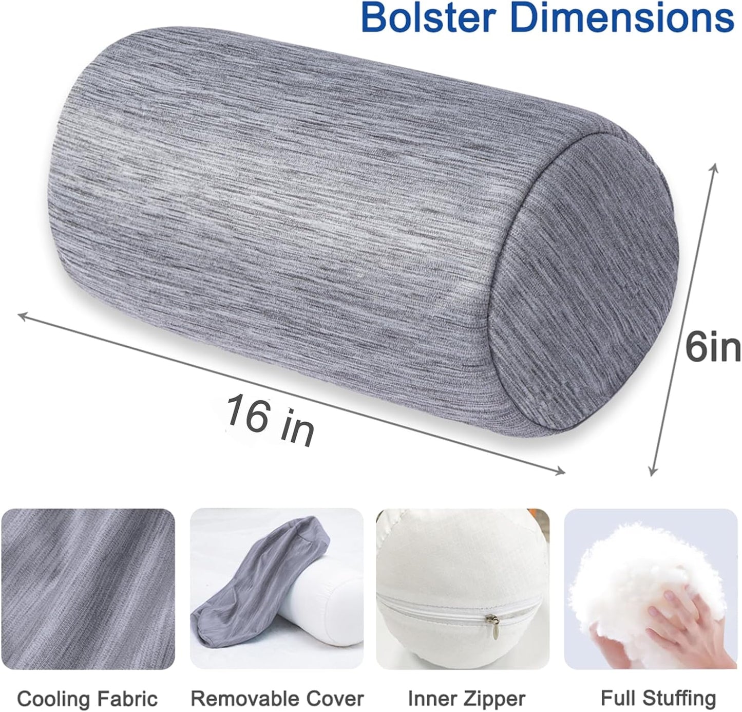 1 MIDDLE ONE Round Cylinder Bolster Pillow with Removable Velvet Cover, Tube Roll Cervical Pillow for Head, Neck, Back and Legs Support, 13"x 6", Blue