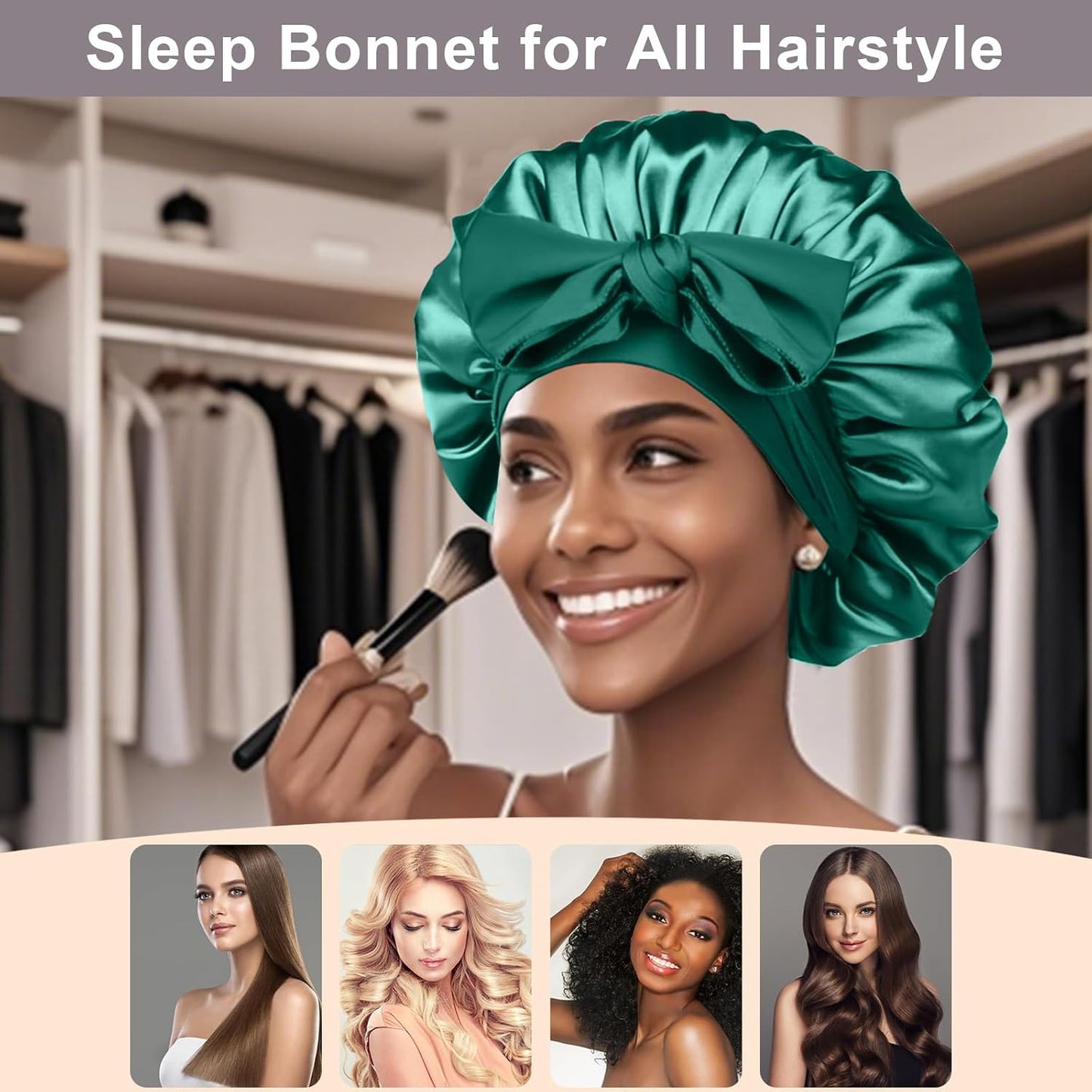 2Pcs Silk Hair Satin Bonnet for Sleeping Women,Large Satin Sleep Bonnets for Women with Elastic Tie Band Silk Hair Wrap with Ajustable Straps,Night Sleep Cap for Curly Braids,Black+Rose Gold