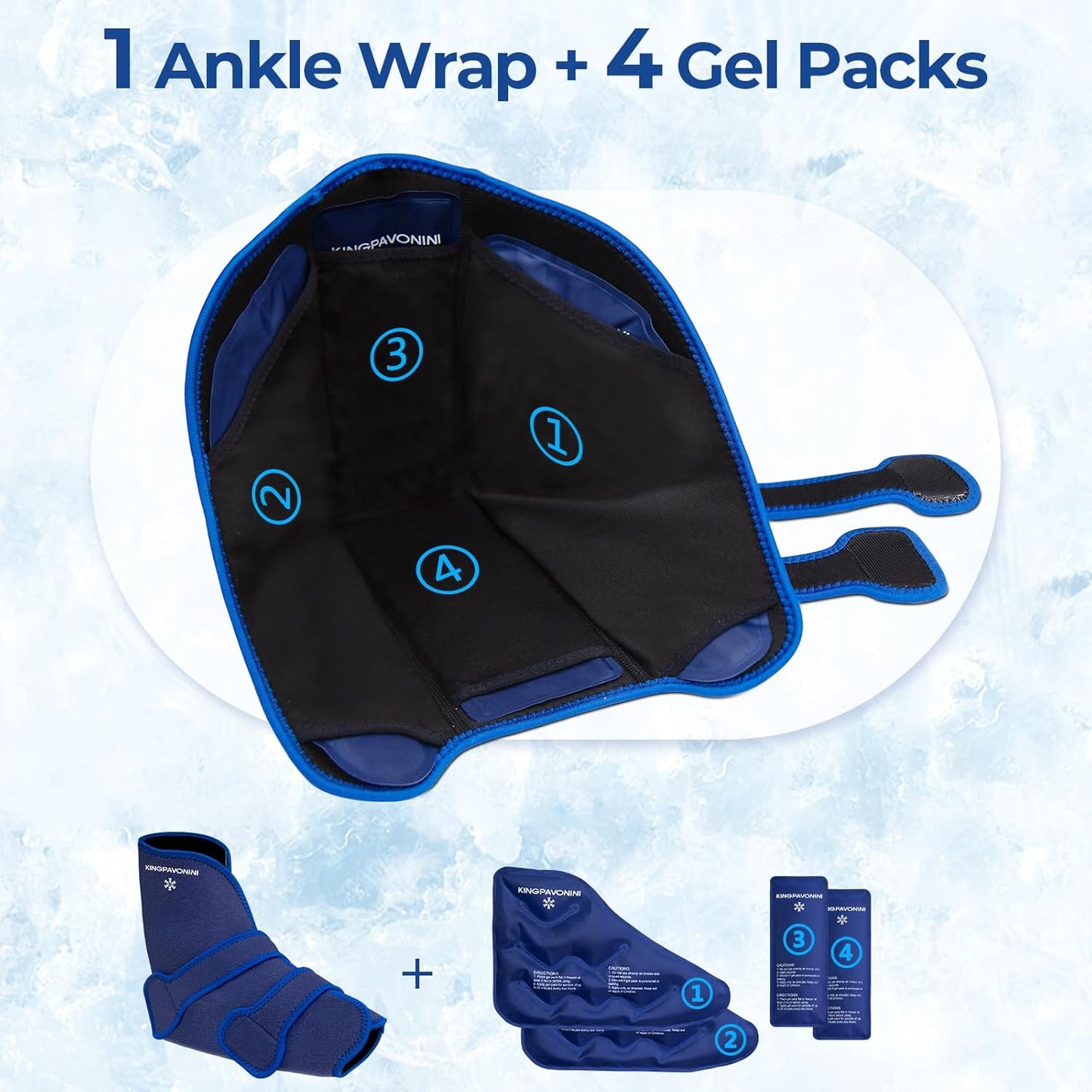 KingPavonini Ankle Foot Ice Pack Wrap for Sprained Ankle/Surgery Recovery, Reusable Gel Ice Packs for Feet Injuries, Plantar Fasciitis, Achilles Tendonitis, Hot/Cold Therapy, XL (1 Wrap+4 Gel Packs)