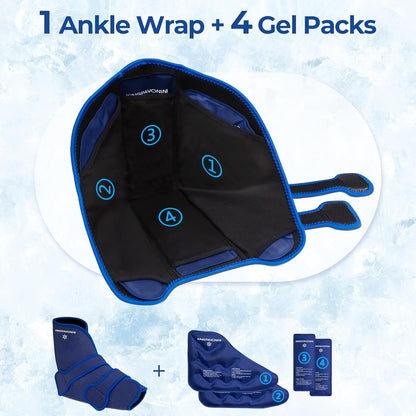 KingPavonini Ankle Foot Ice Pack Wrap for Sprained Ankle/Surgery Recovery, Reusable Gel Ice Packs for Feet Injuries, Plantar Fasciitis, Achilles Tendonitis, Hot/Cold Therapy, XL (1 Wrap+4 Gel Packs)