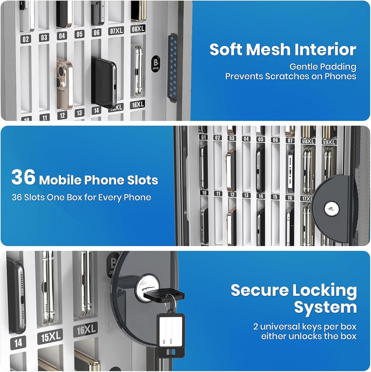 24 Slots Cell Phone Locker, Classroom Phone Storage Cabinet with Key, 【Wall Mounted】 【Aluminum Alloy】 Phone Lock Box, Mobile Phone Lockbox with Handle for School Office Exam(Silver)