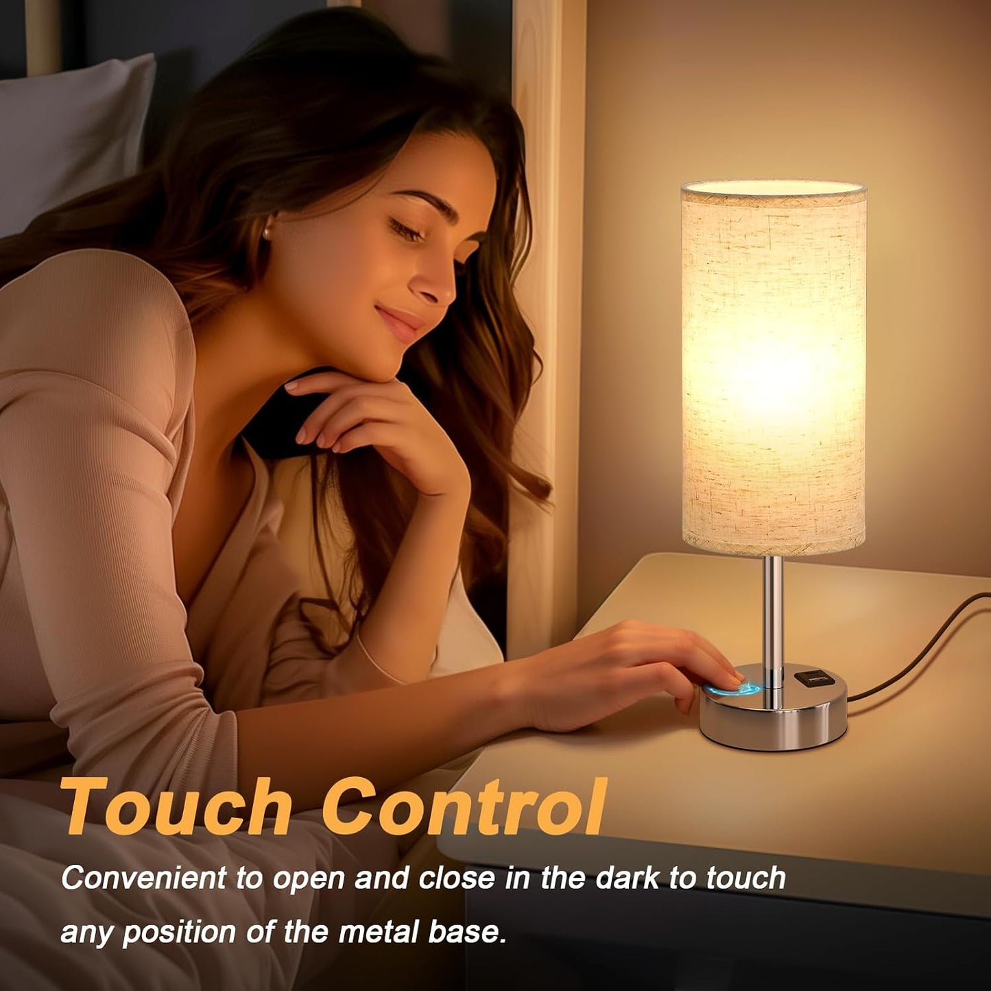 Dicoool Touch Table Lamp for Bedroom, 3 Way Dimmable Bedside Lamp with USB C & A Charging Ports - Small Desk Lamp for Dorm Room, College, Kids, Office, Living Room, White