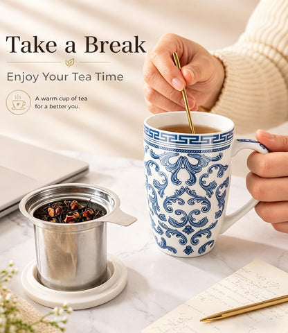 AmorArc 18oz Porcelain Tea Mug with Infuser & Lid, Loose Leaf Tea Cup with Stainless Steel Strainer, Large Coffee Mug Gift for Women, Tea Lovers, Home & Office