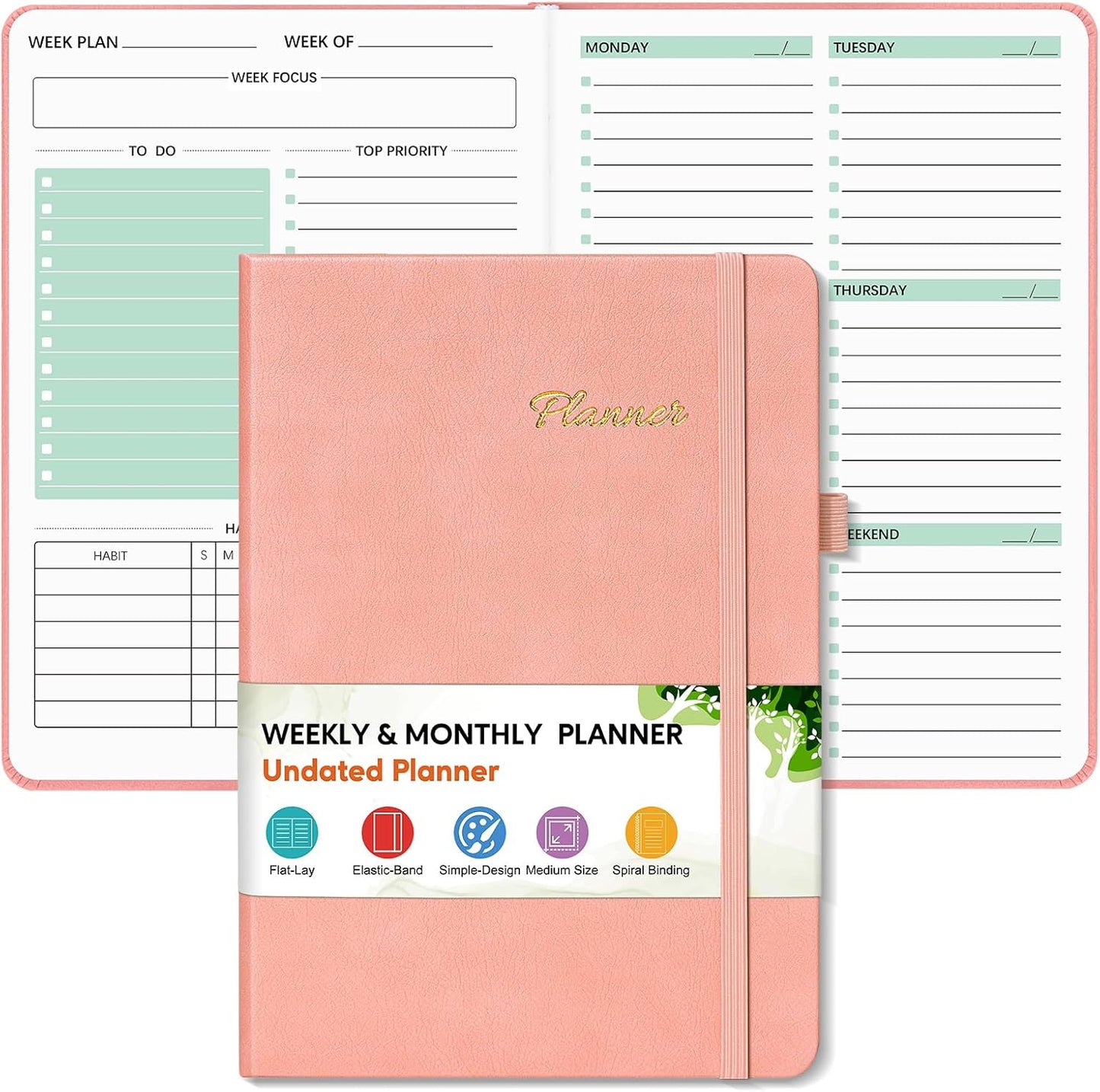 Undated Weekly and Monthly Planner, Hardcover Leather Calendar Blank Planner, Simplified To Do List Notebook with Goal & Habit Tracker Organizer, A5 Daily Weekly Planner for Work School Home, Black