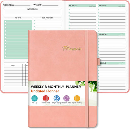 Undated Weekly and Monthly Planner, Hardcover Leather Calendar Blank Planner, Simplified To Do List Notebook with Goal & Habit Tracker Organizer, A5 Daily Weekly Planner for Work School Home, Black