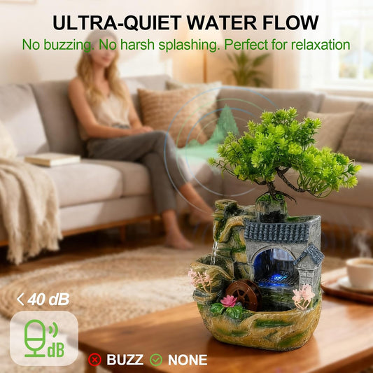 Tabletop Waterfall Fountain, Resin Indoor Desk Fountain with Color-Changing LED Lights, Quiet Pump Small Rockery Water Feature with Faux Bonsai Tree for Home, Office, Bedroom, Relaxation Decor