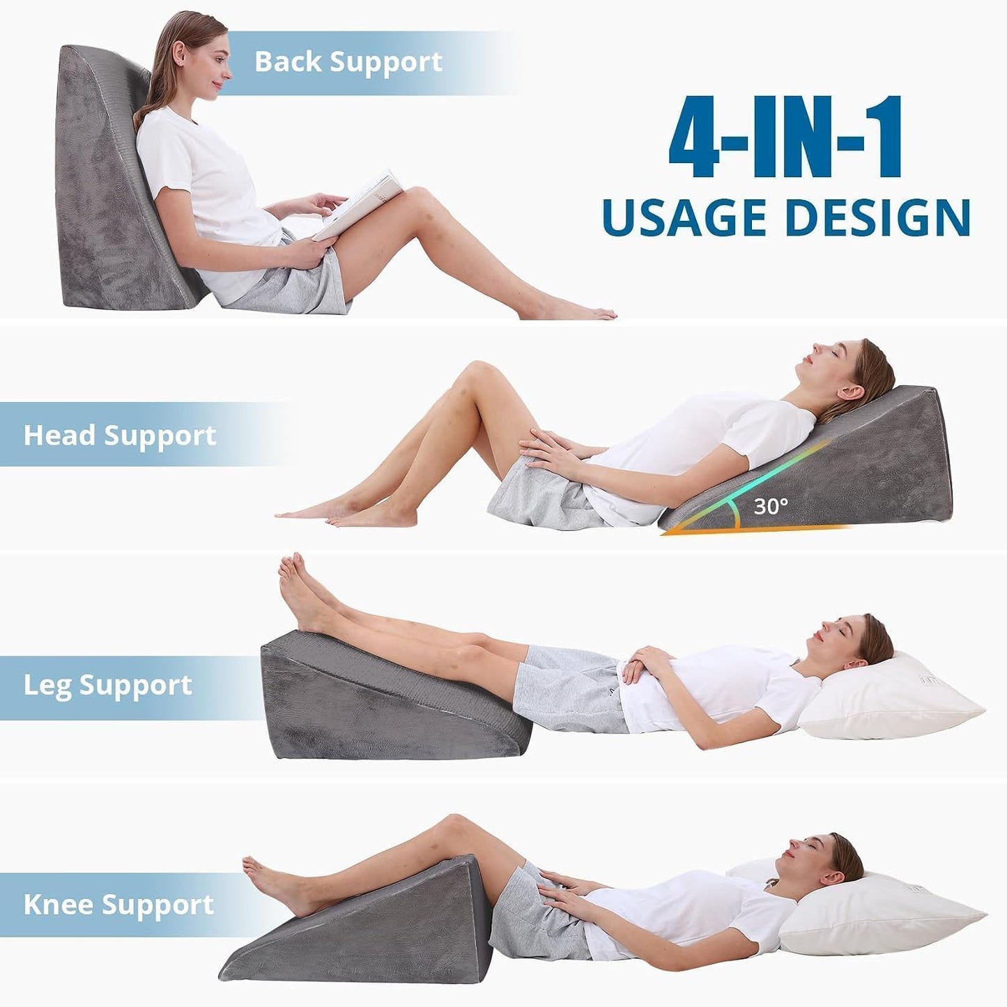 Sasttie Wedge Pillow 24x24x12 inch, Memory Foam Bed Wedge, Cool Grey