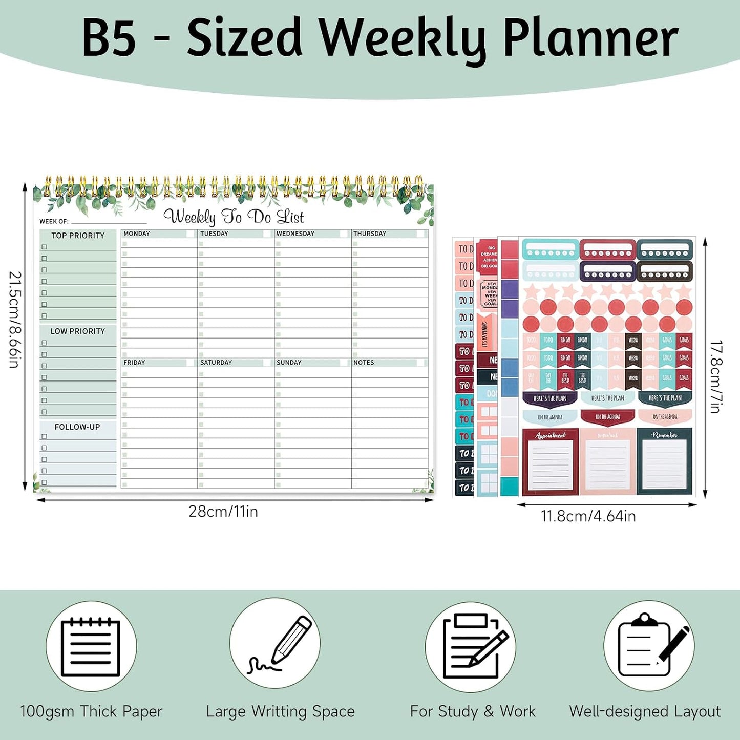 Thboxes Weekly To Do List Notepad, 8.5"x11" Desk Planner 52 Sheets, Green | 100GSM Paper Undated Habit Planner, Productivity Organizer Notepad, for Home School Office Work, Travel, College Essentials