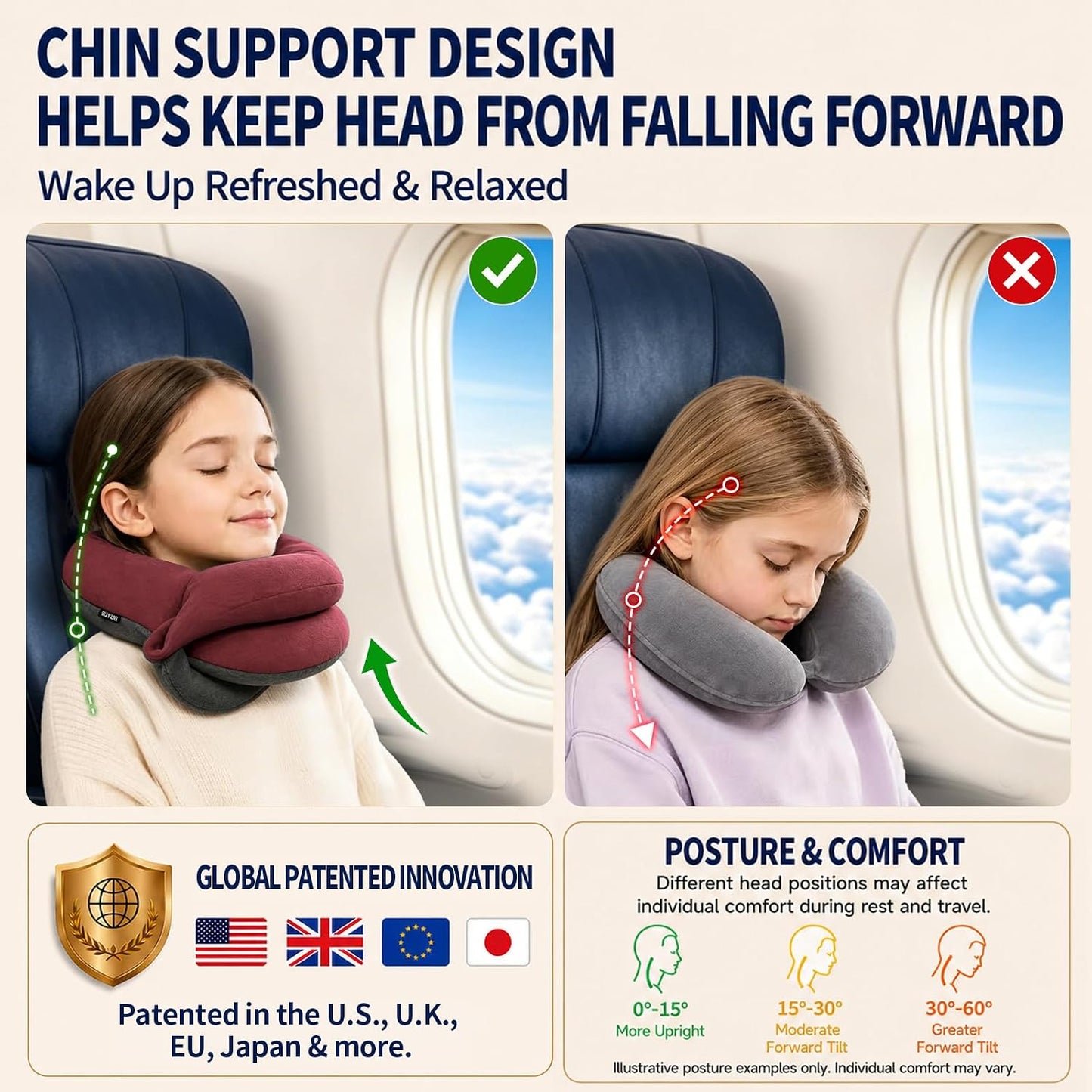 BUYUE Travel Neck Pillows for Airplanes, Memory Foam 360° Head Support Sleep for Long Flight, Skin-Friendly & Breathable, Kit with Eye Mask, Earplugs and Storage Bag (Adult, Grey, 90+ lbs)