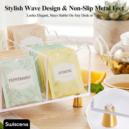 Acrylic Tea Bag Organizer, 6 Spacious Compartments Tea Bag Holder, Clear Scalloped Edge with Gold Accent Feet, Tea Storage Box for Countertop, Pantry, Cabinet, Sugar Packets