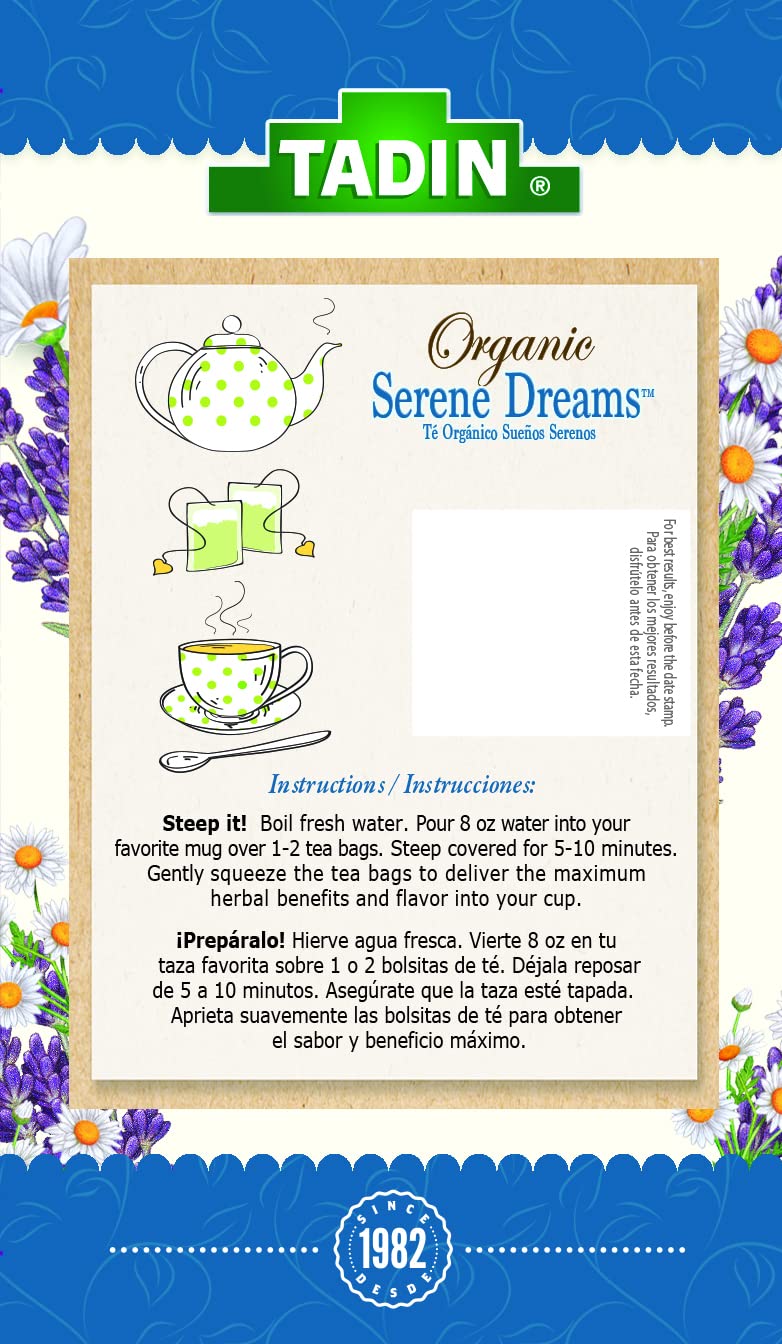 Tadin Organic Chamomile Lavender Tea, Caffeine Free Herbal Tea to Promote Serenity, 20 Tea Bags Per Box, Pack of 6
