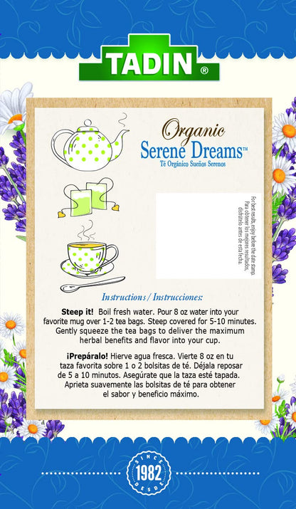Tadin Organic Chamomile Lavender Tea, Caffeine Free Herbal Tea to Promote Serenity, 20 Tea Bags Per Box, Pack of 6