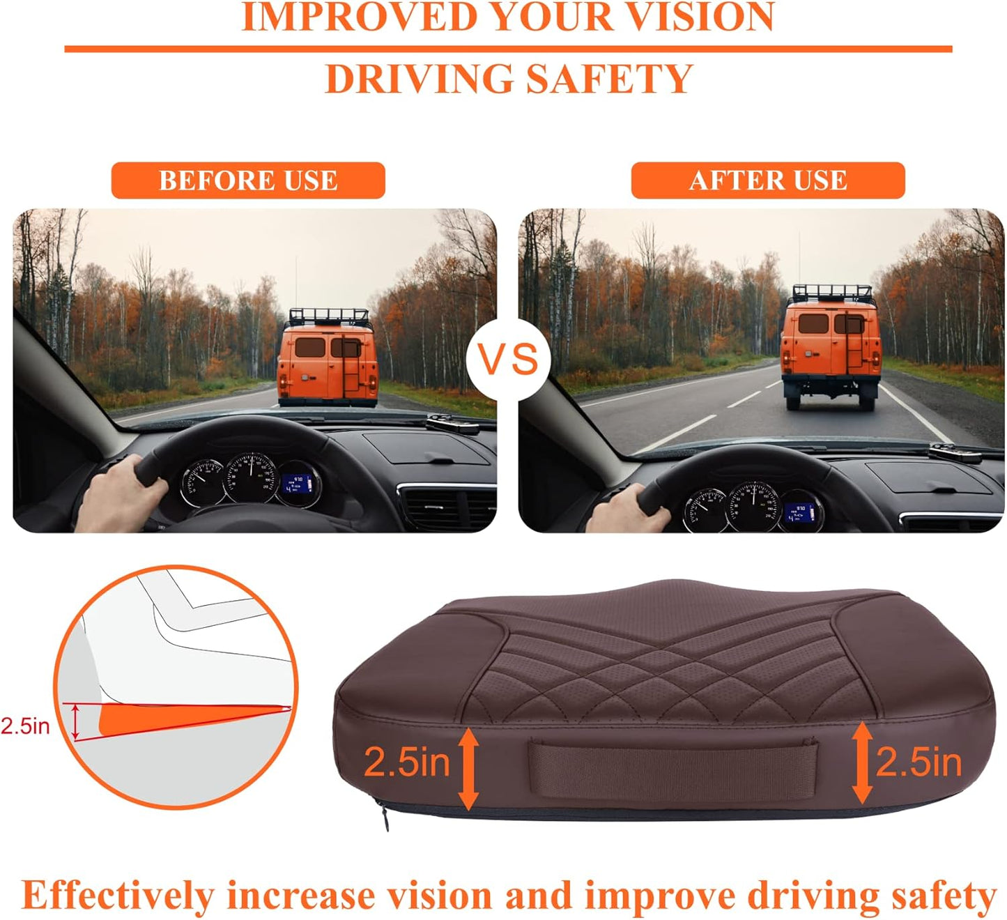 kingphenix Premium Car Seat Cushion, Memory Foam Driver Seat Cushion to Improve Driving View- Coccyx & Lower Back Pain Relief - Seat Cushion for Car, Truck, Office Chair (Leather Black)
