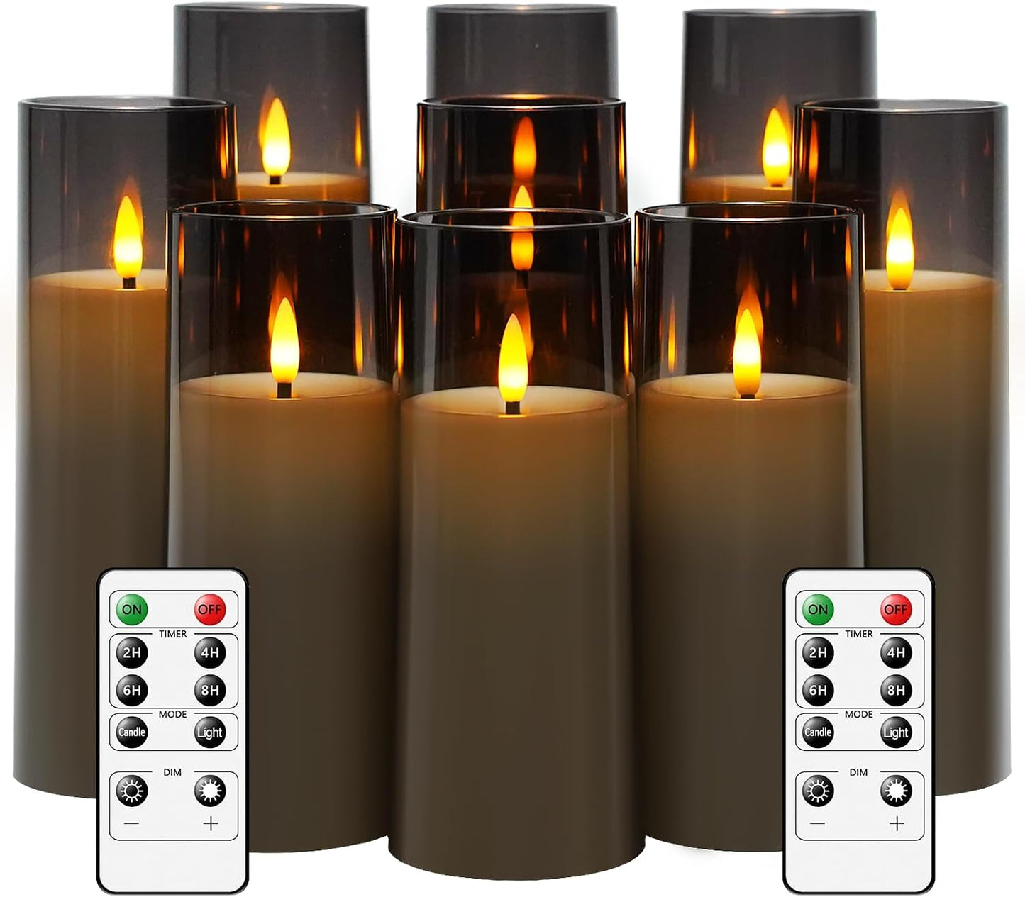 kakoya Flickering Flameless Candles Battery Operated with Remote and 2/4/6/8 H Timer Acrylic Led Pillar Candles Pack of 9 (appr D2.3"xH5.5"6.5"7.5")with Realistic 3D Wick Candles for Home Decor(White)