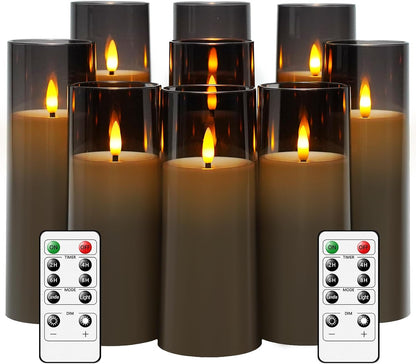 kakoya Flickering Flameless Candles Battery Operated with Remote and 2/4/6/8 H Timer Acrylic Led Pillar Candles Pack of 9 (appr D2.3"xH5.5"6.5"7.5")with Realistic 3D Wick Candles for Home Decor(White)