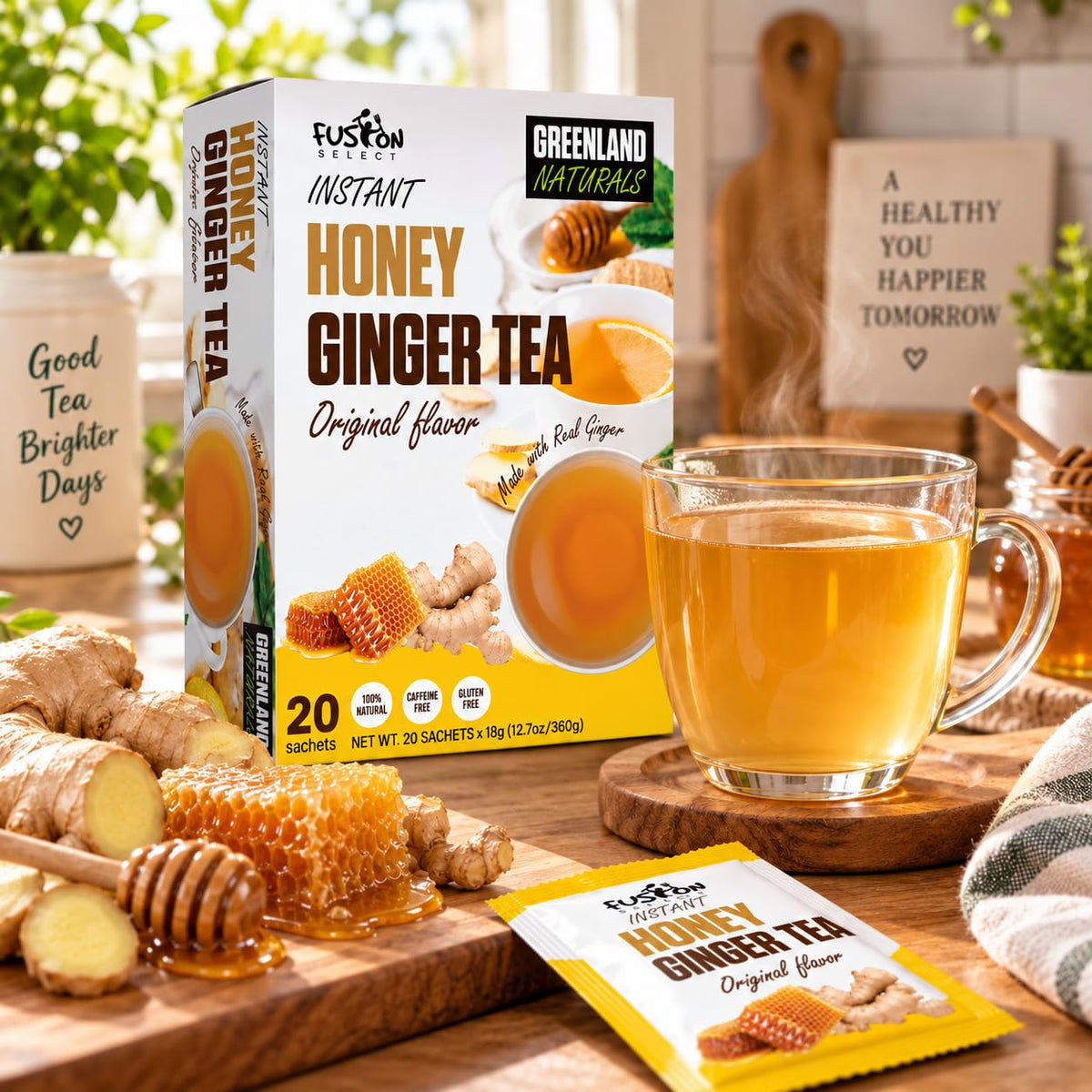 Fusion Select 20 Sachets Original Ginger Honey Crystals Packets - Crystallized Ginger Tea with Honey - Easy-to-Prepare Instant Drink Mix - Natural Ingredients with No Caffeine