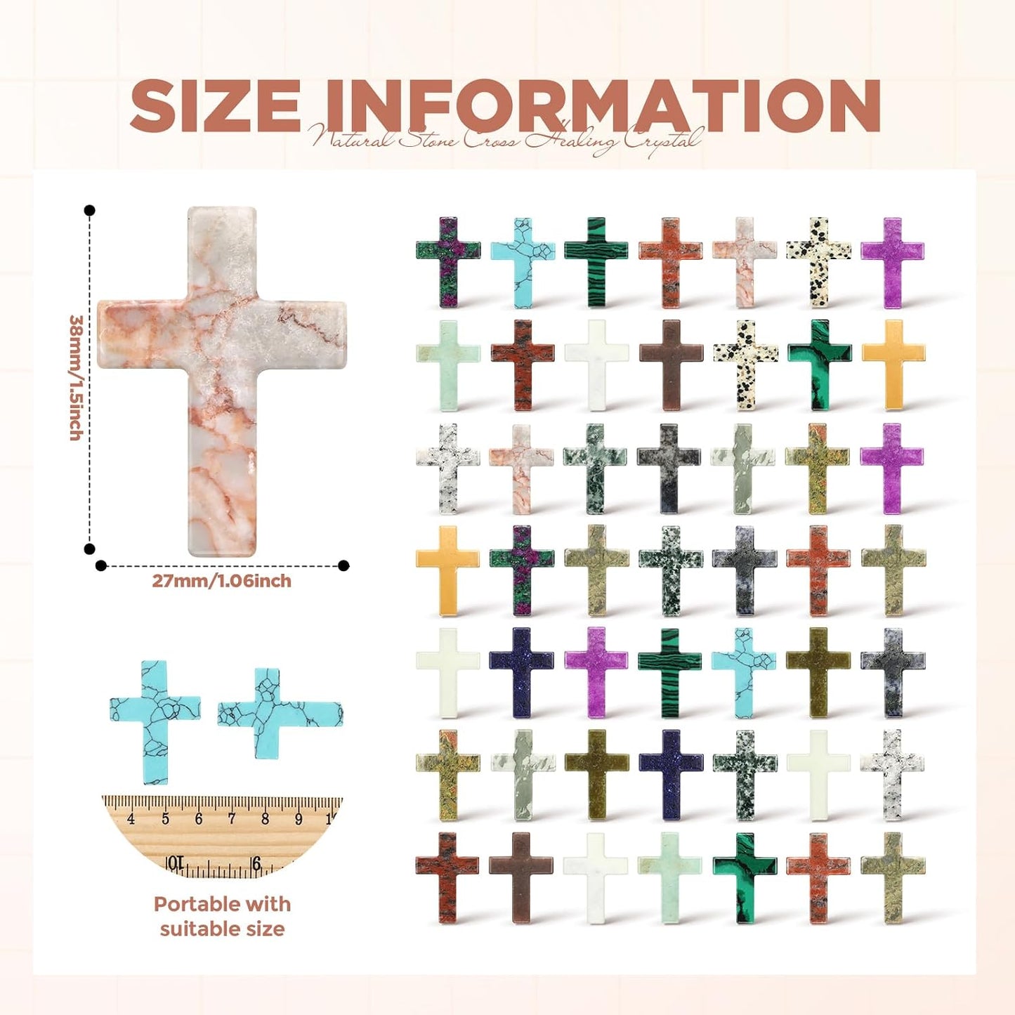 Nuenen 50 Pcs Cross Charm for Women Man Celebration Grad Decor Crystal Pocket Cross Necklace Natural Worry Stone Gift for Jewelry Making Craft Festival Decor(0.71 x 0.98 x 0.24 Inch,Fresh)