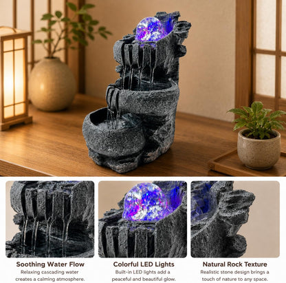 Indoor Tabletop Water Fountain with LED Light, Resin Rock-Look Waterfall Decor, Feng Shui Inspired Zen Fountain for Desk, Office, Bedroom, Living Room & Meditation Space (9" Cascading Rock)