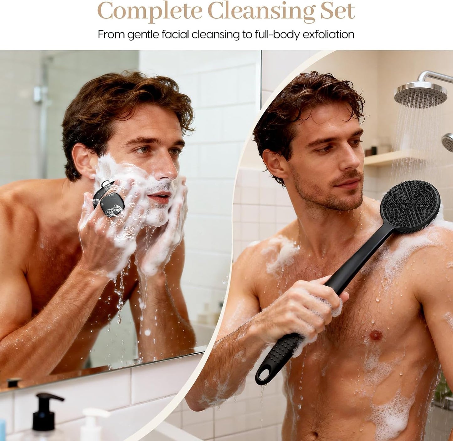 Back Scrubber for Shower & Face Scrubber, 2Pcs Silicone Exfoliating Brush Set with 17In Long Handle, Soft Body & Facial Cleansing Scrubber for Men Women