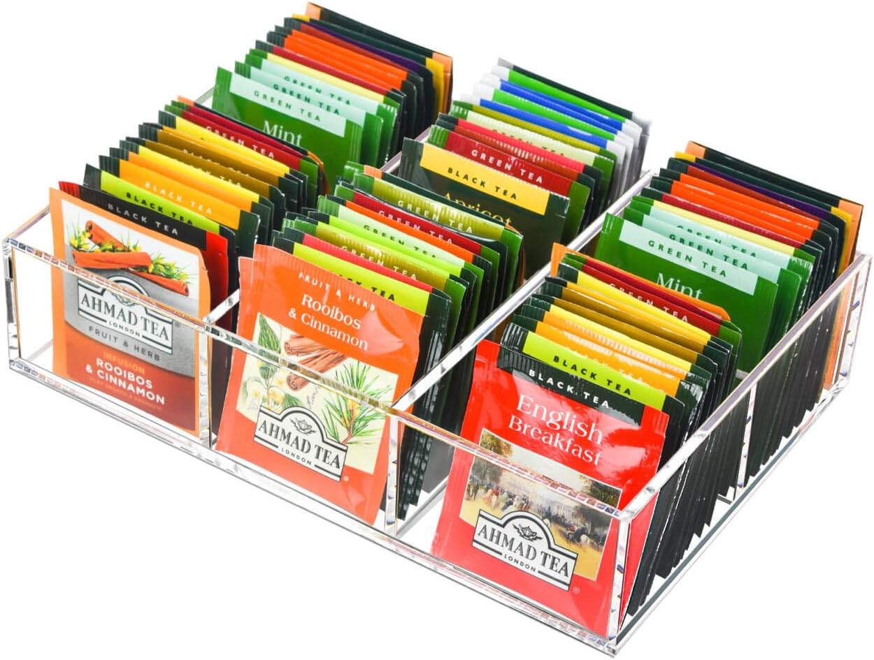 Tasybox Tea Bag Organizer, Clear Acrylic Tea Bag Holder with 6 Slot, Tea Packet Storage for Drawer, Pantry, Kitchen, Cabinet, Countertop