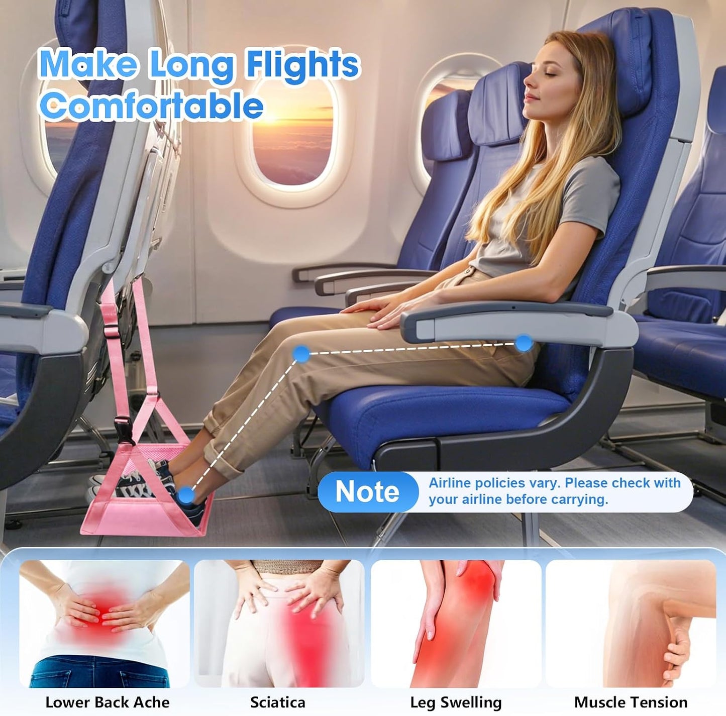 ExploreBliss Airplane Foot Rest - Lightweight Foot Hammock for Plane Travel with Adjustable Strap & Thick Board, Tray Table Under Desk Footrest to Relax Feet, Travel Essentials for Long Flights(Black)