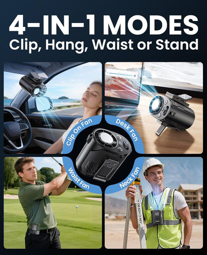 Portable Waist Fan with Ice Cooling, 4-in-1 Clip-On Fan for Car/Shirt/Hat/Belt, 16000RPM Strong Airflow, 12H Runtime, 100 Speed Settings, Wearable Fan for Outdoor Work, Camping, Travel Black
