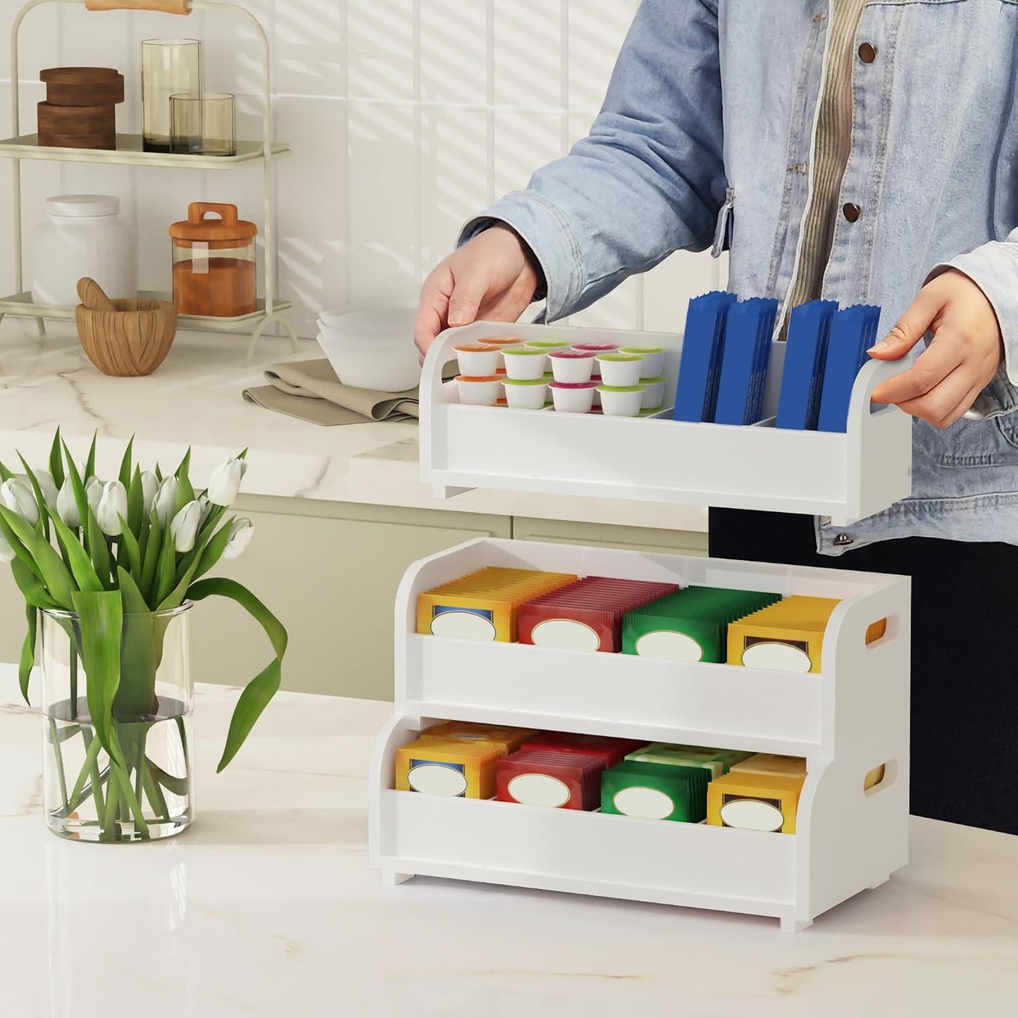 3-Tier Bamboo Tea Bag Organizer, Stackable Tea Holder for Countertop, Black