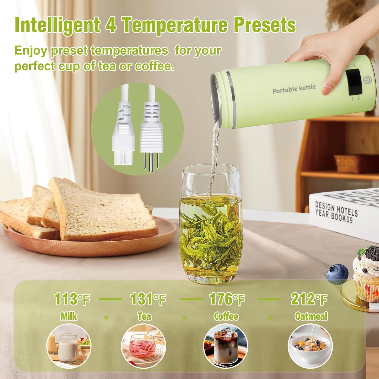 Travel Electric Kettle Portable Mini Kettle,Small Hot Water Boiler with 4 Temperature Settings,304 Stainless Steel,Fast Boiling Water with Auto Shut-Off and Boil Dry Protection,400ml (Beige, 400ML)