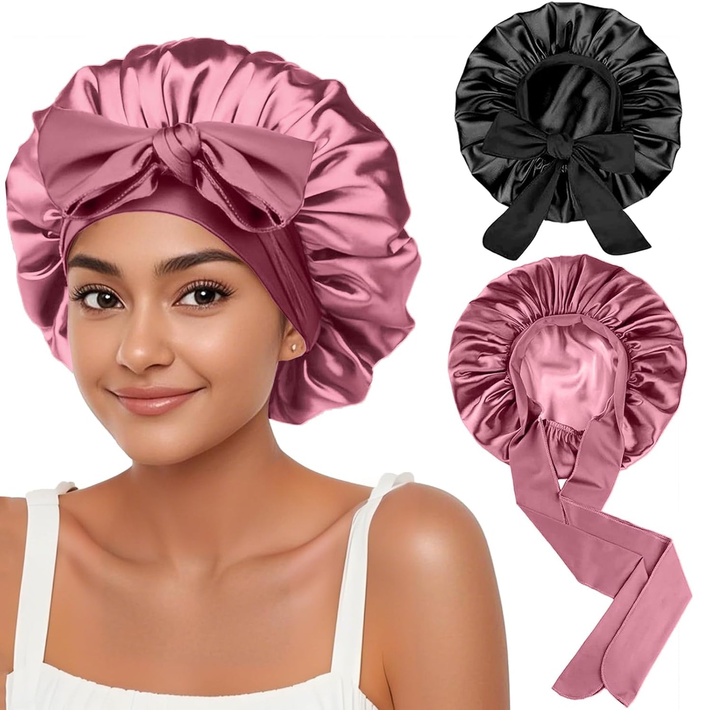 2Pcs Silk Hair Satin Bonnet for Sleeping Women,Large Satin Sleep Bonnets for Women with Elastic Tie Band Silk Hair Wrap with Ajustable Straps,Night Sleep Cap for Curly Braids,Black+Rose Gold