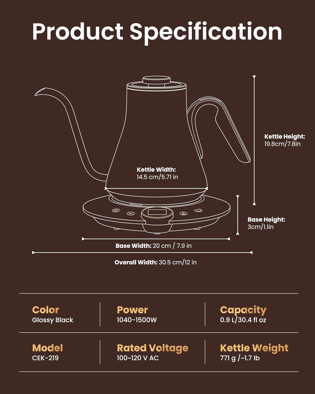 INTASTING Gooseneck Electric Kettle with ±1℉ Temperature Control 0.9 Liter