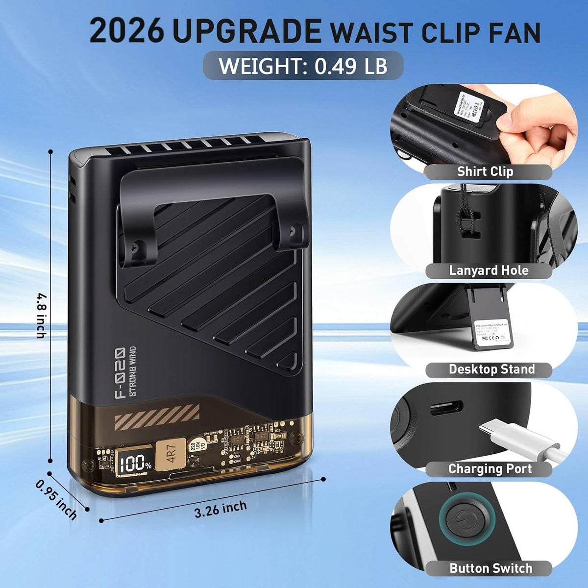 2026 Portable Waist Fan, Clip-On Personal Cooling Fan, LED Display, 10000RPM, 5 Speed, 40H Runtime, Rechargeable Under Shirt/Handheld/Neck Strap Fans for Outdoor, Travel, Hiking, Black