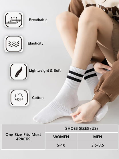 YUWELL Womens Striped Crew Socks, Cotton Cozy Casual Socks for Women 4 Pairs, Size 5-10