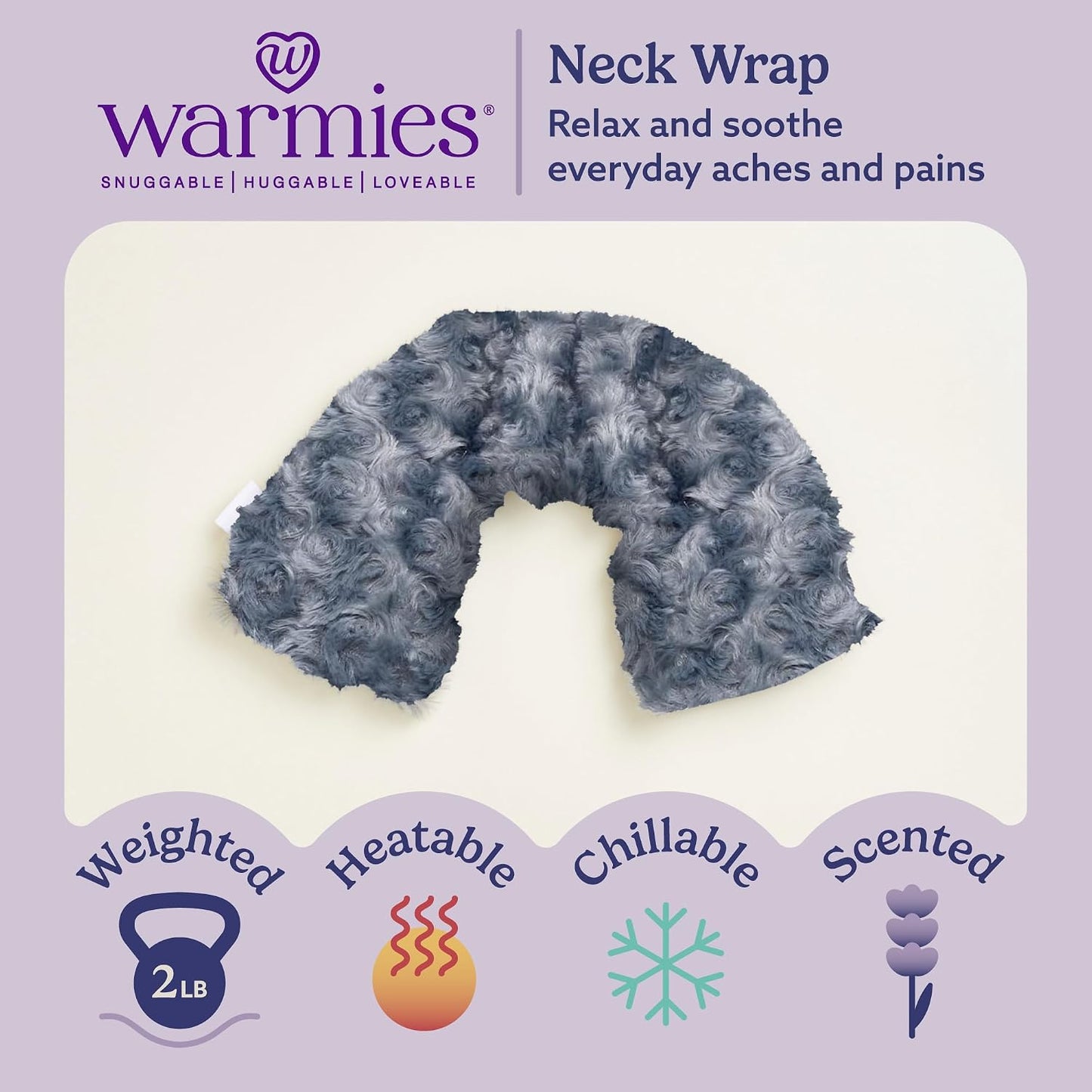 warmies Microwavable Neck & Shoulder Wrap - Weighted Neck Wrap - Microwavable Heat Pack for Shoulders - Chillable Heating Pad with Lavender for Aches & Pain - Marshmallow Gray, 19 x 5 x 3 in, 2 lb