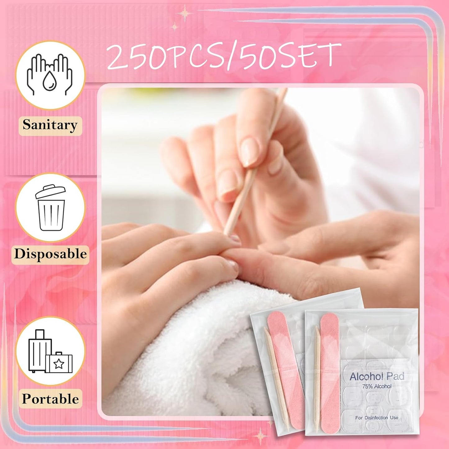 Disposable Manicure Kit - 50pc Mini Nail Buffer, Nail File, Wood Stick, OPP Bag, Press On Nail Tool Kit for Salon Home (Purple)
