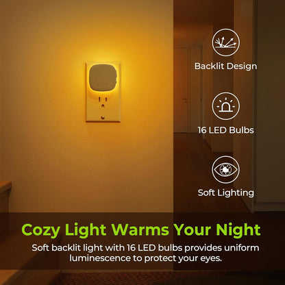 AUVON 4 X Plug-in LED Backlit Night Light with Motion & Dusk to Dawn Sensor | 2200K Soft Warm White Nightlight with 1-50lm Dimmable Brightness for Adults & Kids' Bedroom, Bathroom, Hallway