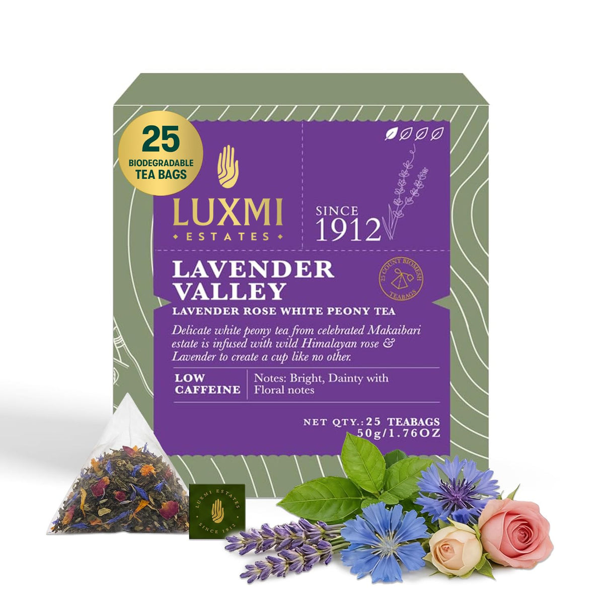 Luxmi Estates Lavender Valley Lavender Tea (25 Tea Bags) Low Caffeine Tea Bags, With Darjeeling Makaibari White Tea