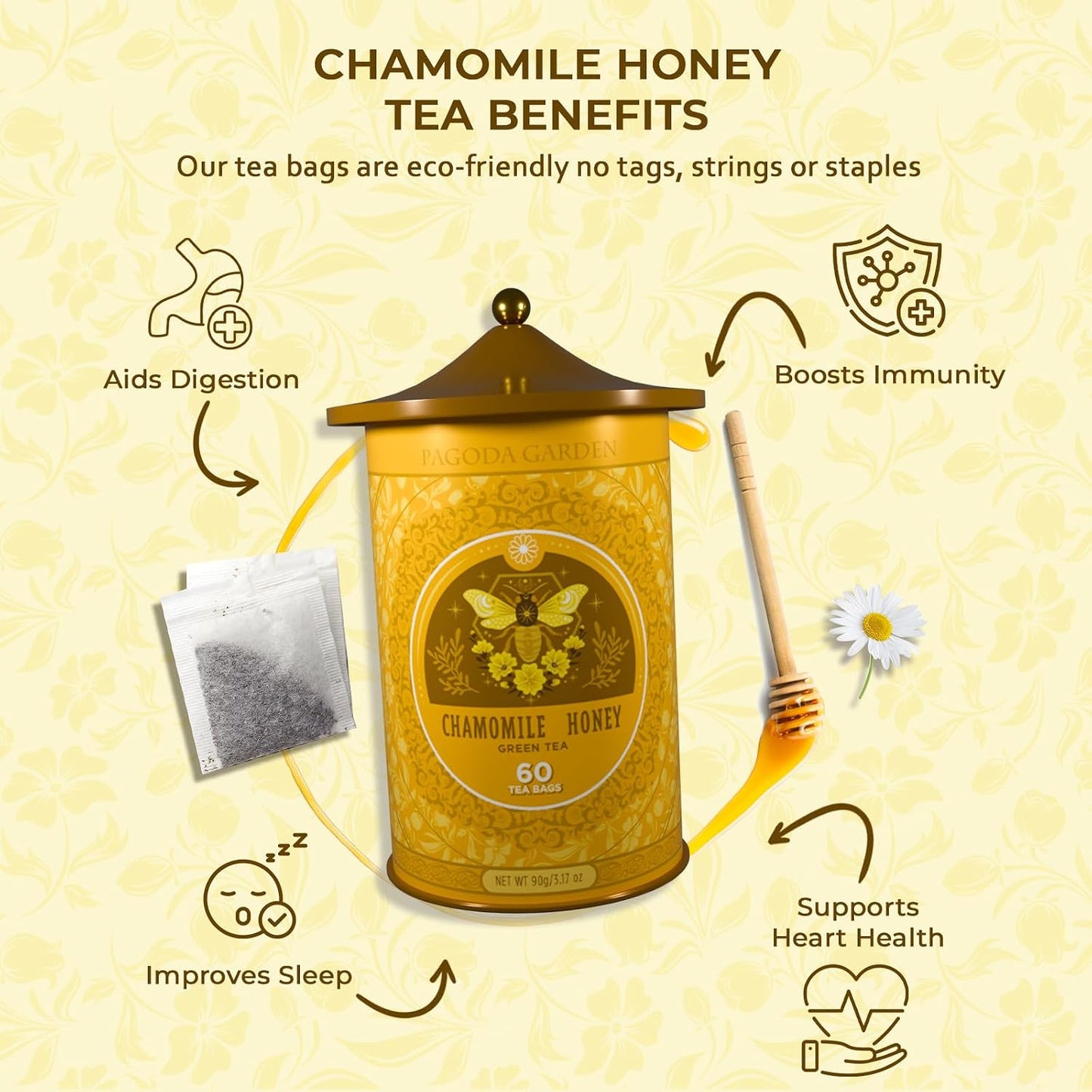 Life Plus Style Gourmet Pagoda Garden Chamomile Lavender Herbal Tea Caffeine Free Hot or Iced Floral Blend Natural Delicious Sleep Tea 60 Tea Bags