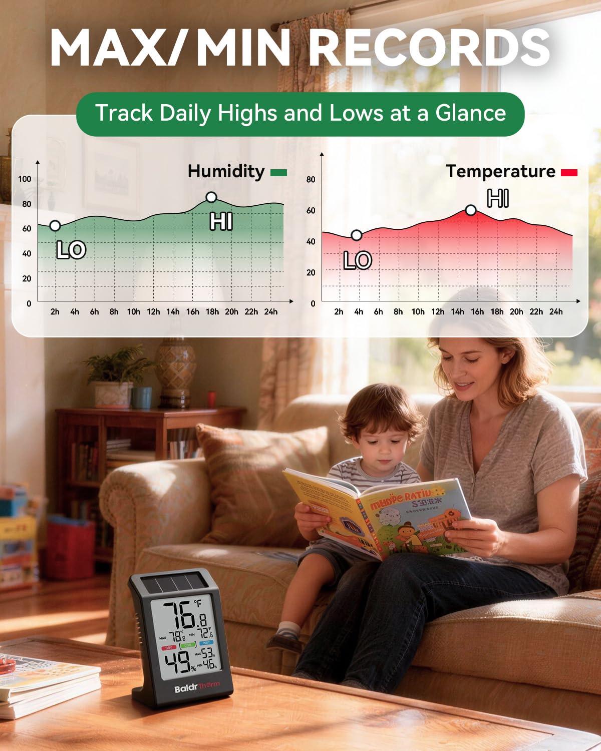 BALDR Indoor Thermometer Hygrometer, Solar Power with Battery Backup, Large Display, Daily Max/Min & Comfort Indicator Humidity Meter (White)