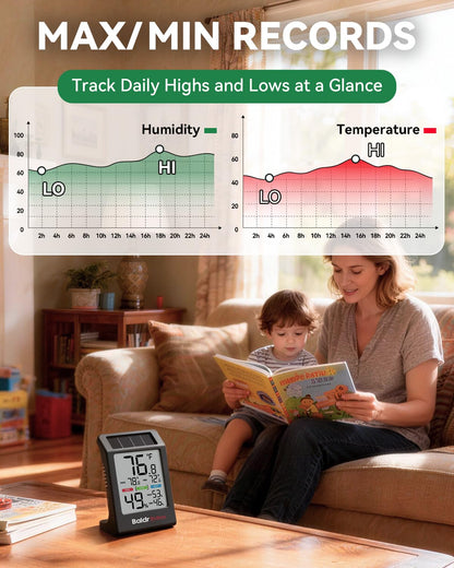 BALDR Indoor Thermometer Hygrometer, Solar Power with Battery Backup, Large Display, Daily Max/Min & Comfort Indicator Humidity Meter (White)