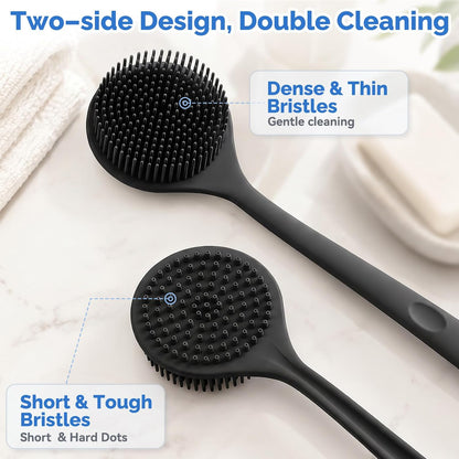 Manmihealth Silicone Back Scrubber & Soft Bath Glove Set 4 PCS(Thick Bristles), Super-Exfoliating Body Scrubber & Super-Lathering Shower Brush Combination, with 2 Adhesive Hooks (Black)