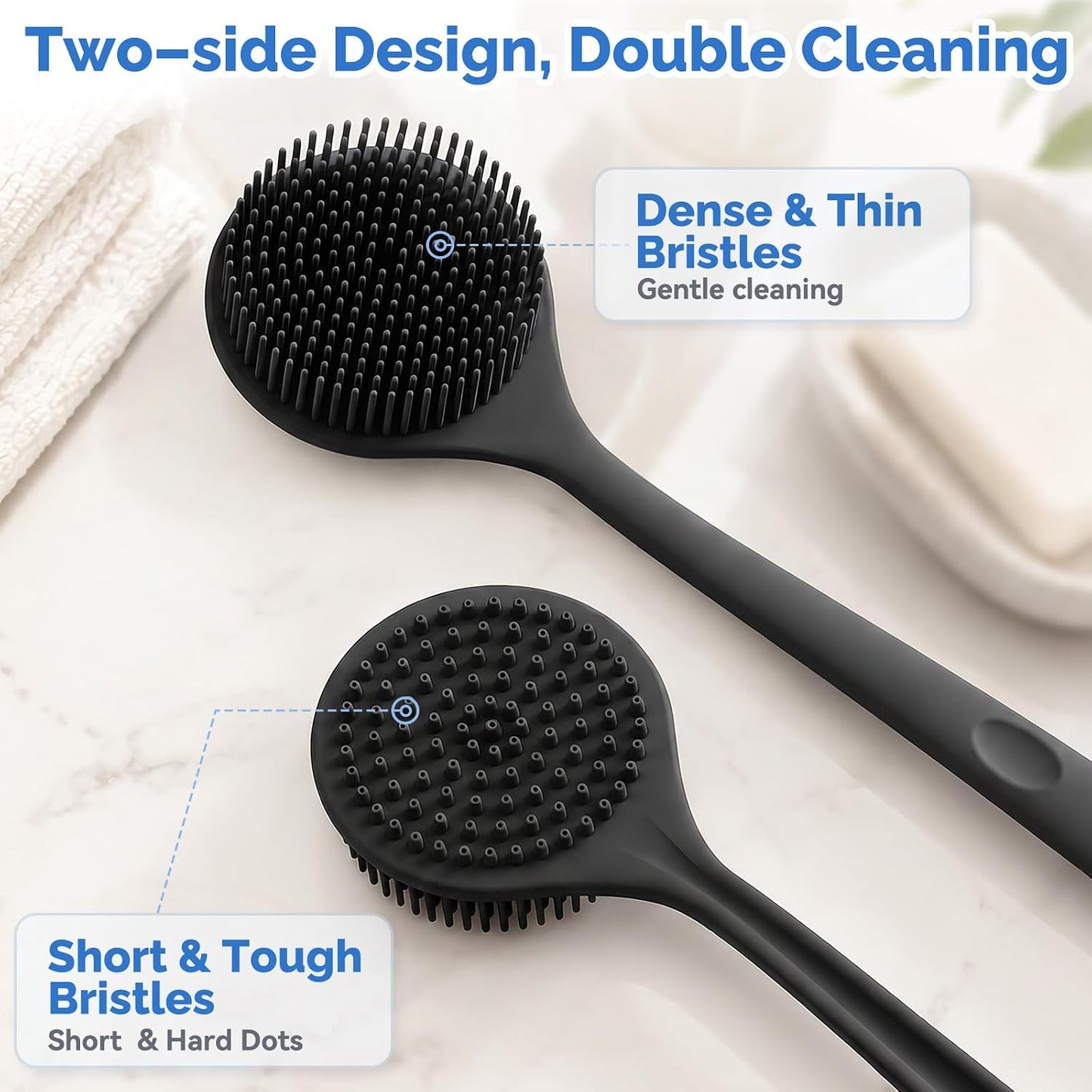 Manmihealth Silicone Back Scrubber (Thick Bristles) & Bath Glove & Face Brush Set (3PCS), Super-Exfoliating & Lathering Body Scrubber, Shower Brush, Face Scrubber Combination, with a Free Hook (Black)
