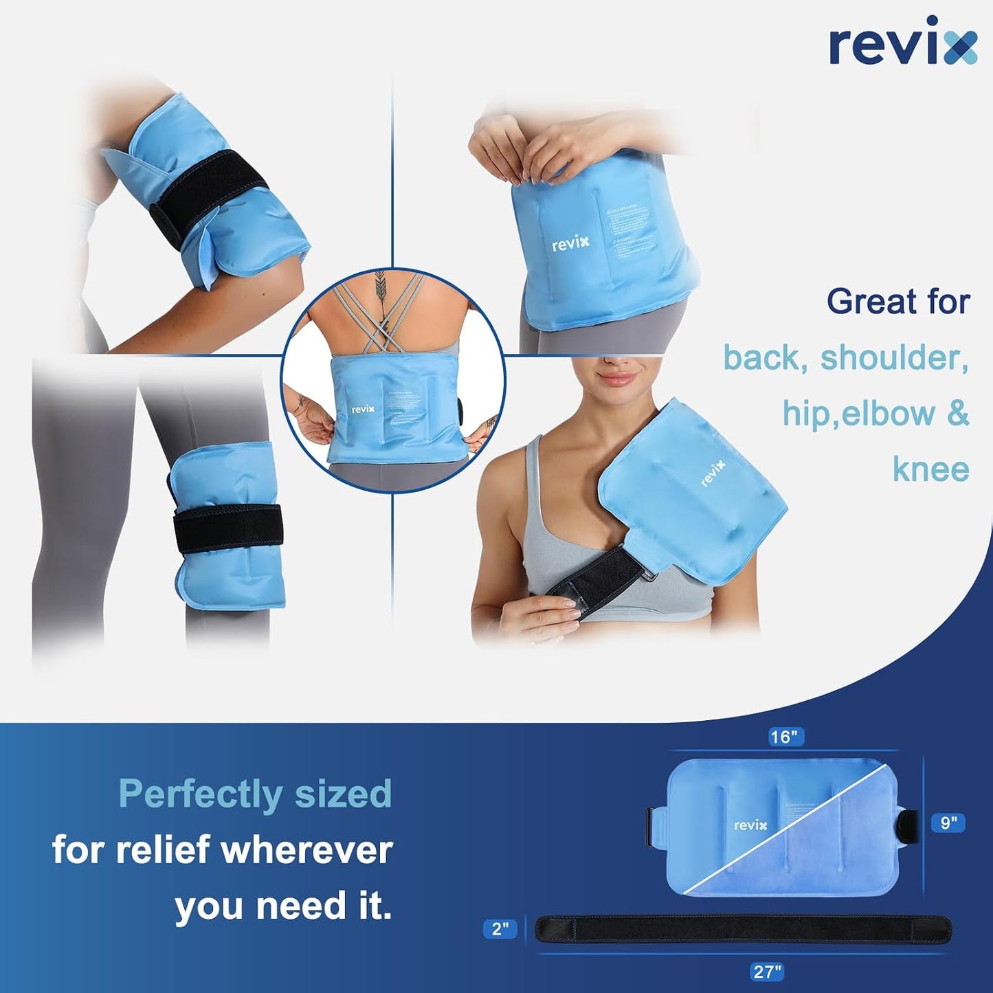 REVIX Ice Pack for Injuries Reusable Gel for Lower Back, Cold Packs for Back Shoulder, Elbow, Hip, Leg, Wrap Around Entire Knee, Soft Cold Compress,16 × 9" Navy