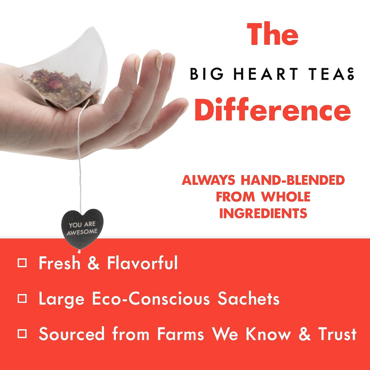Big Heart Tea Co. Tea Bags - Fiery Masala Chai - Certified Organic, Ayurvedic Herbal Decaf Tea with Small Batch Ground Sweet Herbs and Spices including Adaptogenic Tulsi, Rooibos, Ginger, 10 Tea Bags