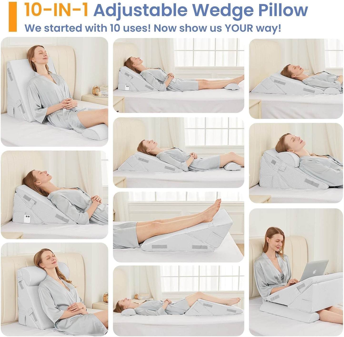 Sasttie Wedge Pillow Set for After Surgery, 2PCS Adjustable Bed Wedge Pillow Headboard with Memory Foam Neck Cushion – for Acid Reflux, Sleeping, Neck & Back Support, Dark Grey & White