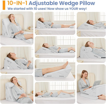 Sasttie Wedge Pillow Set for After Surgery, 2PCS Adjustable Bed Wedge Pillow Headboard with Memory Foam Neck Cushion – for Acid Reflux, Sleeping, Neck & Back Support, Dark Grey & White